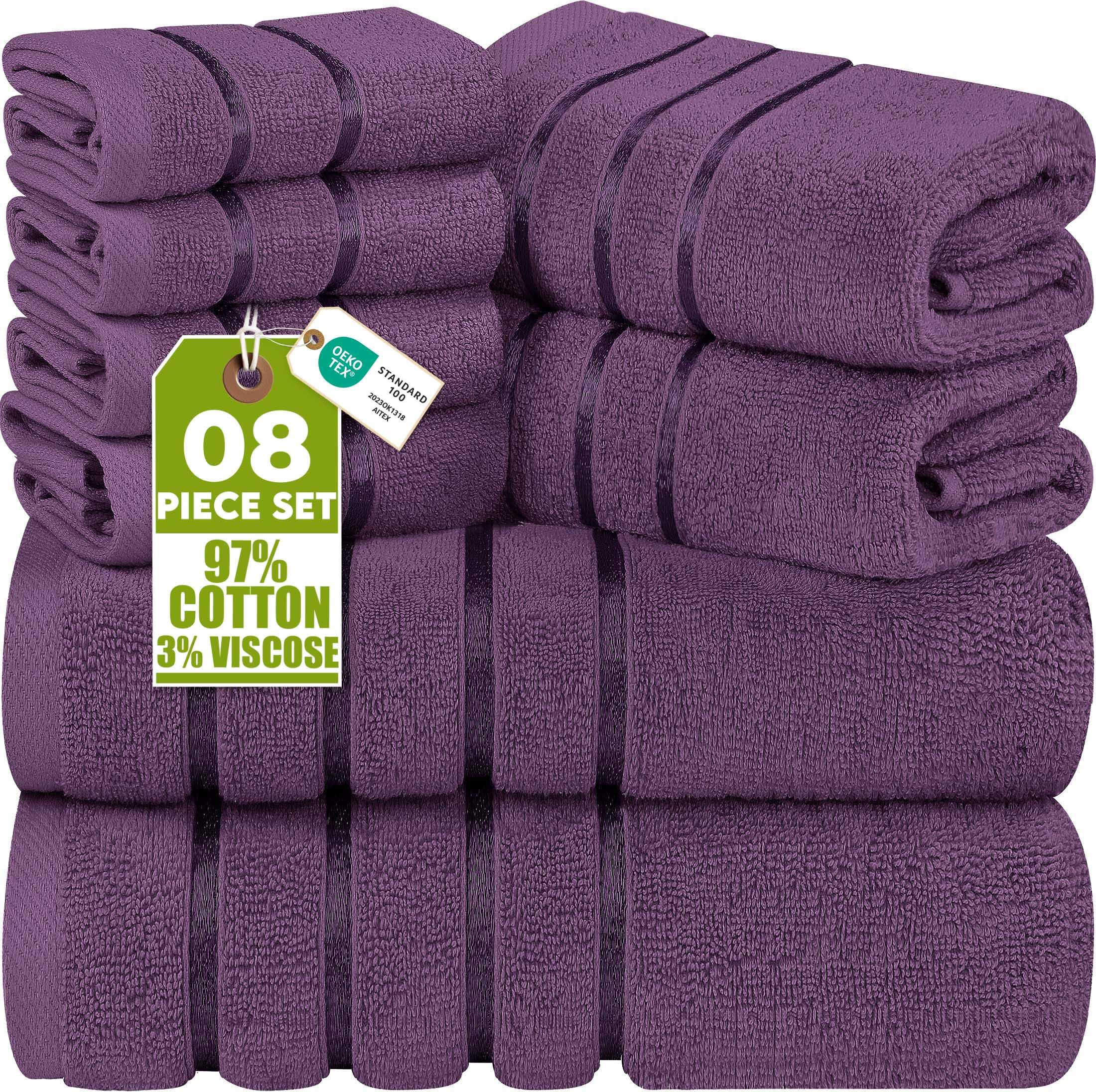 Utopia Towels front view of plum 8-piece set showing full contents and neat arrangement