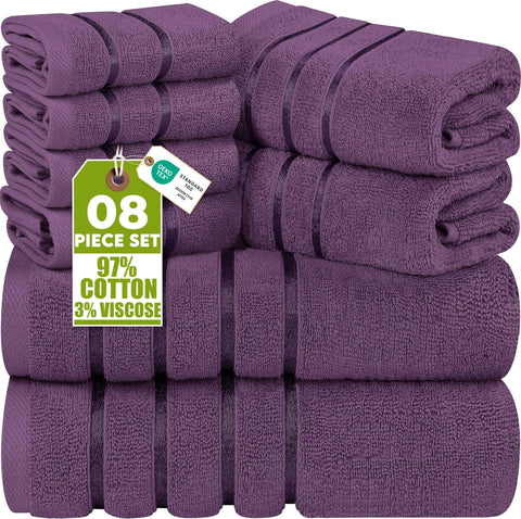 Utopia Towels front view of plum 8-piece set showing full contents and neat arrangement