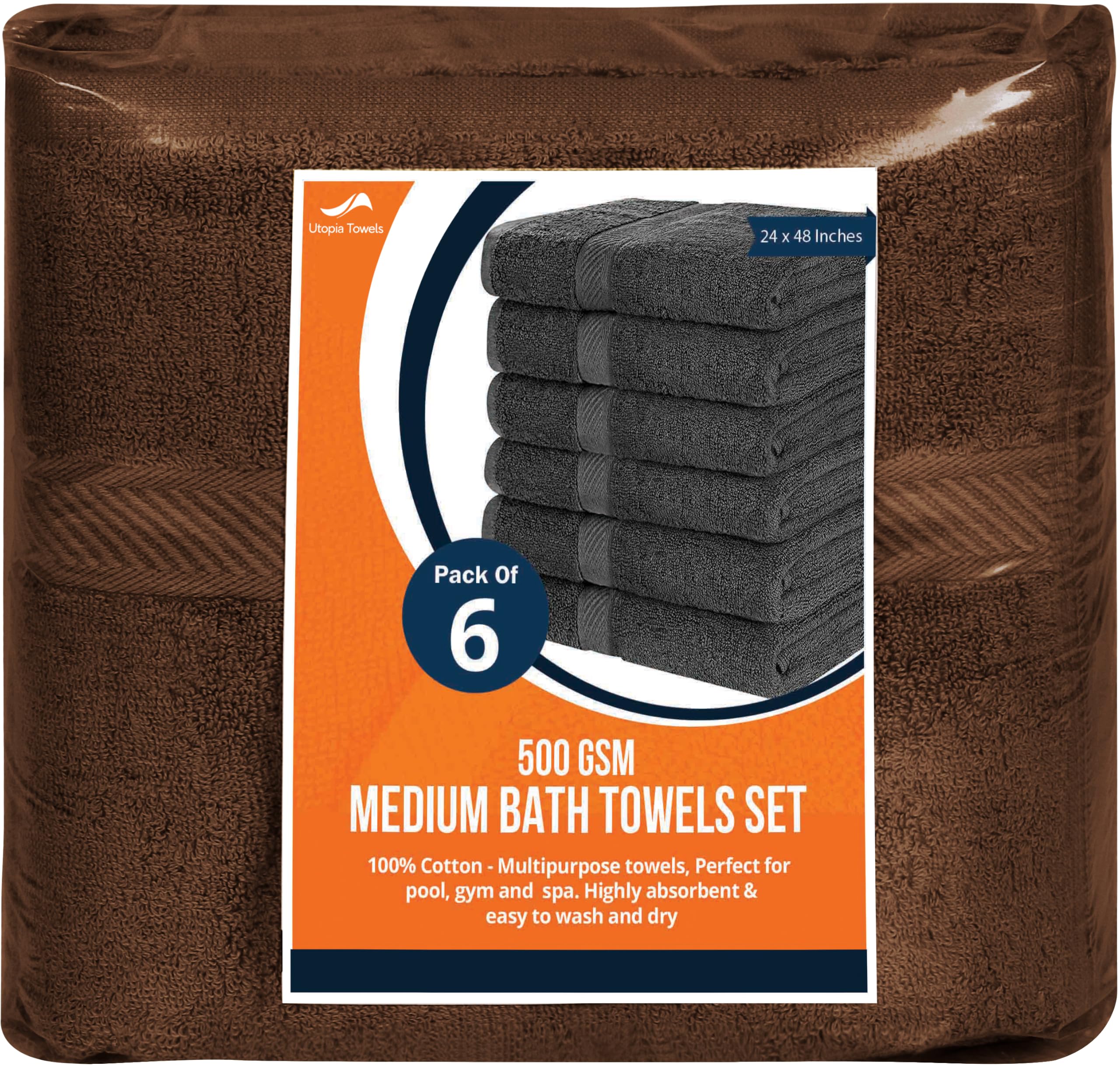 Utopia Towels next to hand showing 24x48 inch scale and coverage