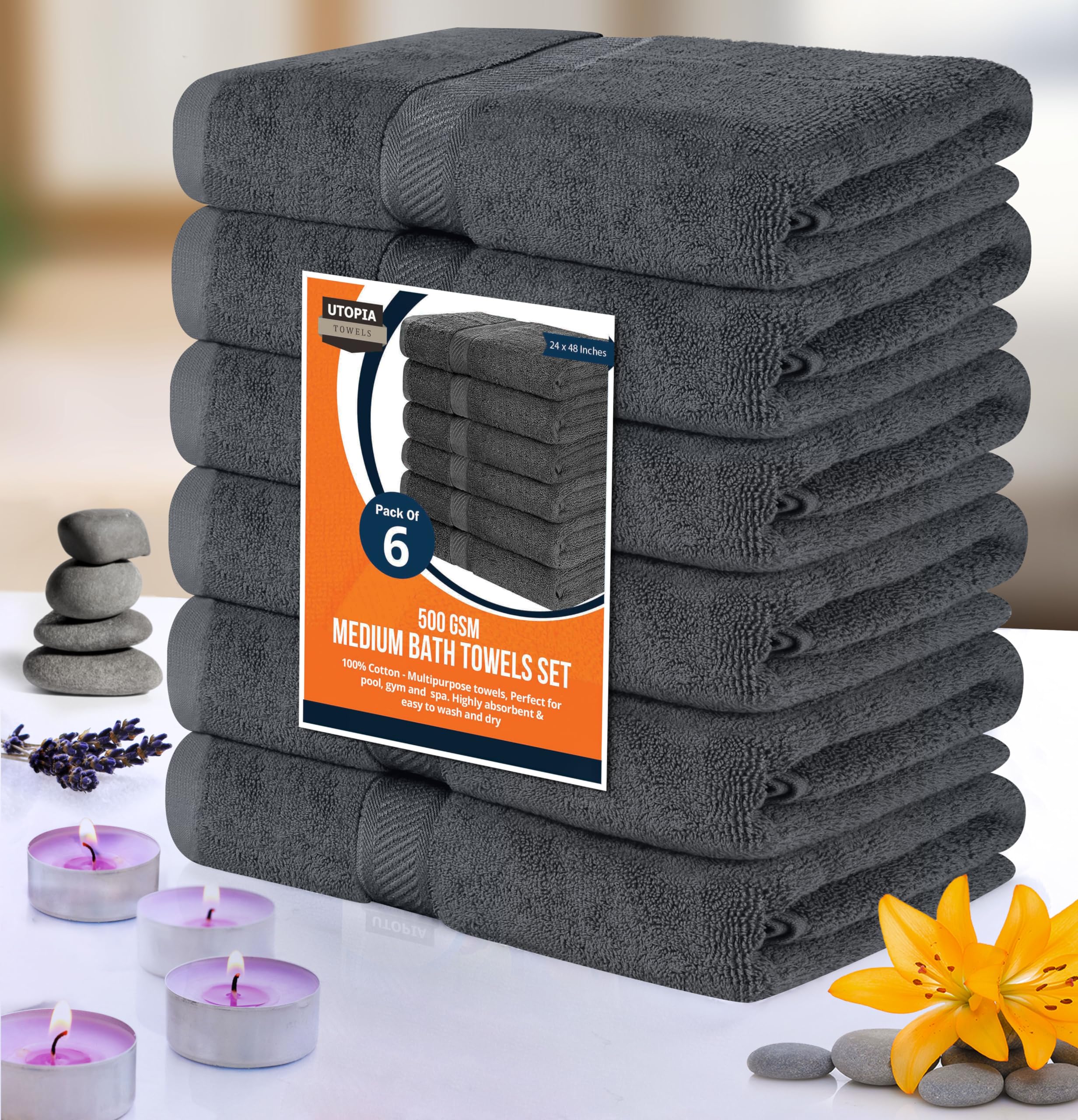 Utopia Towels size scale with ruler showing 24x48 inch coverage benefit
