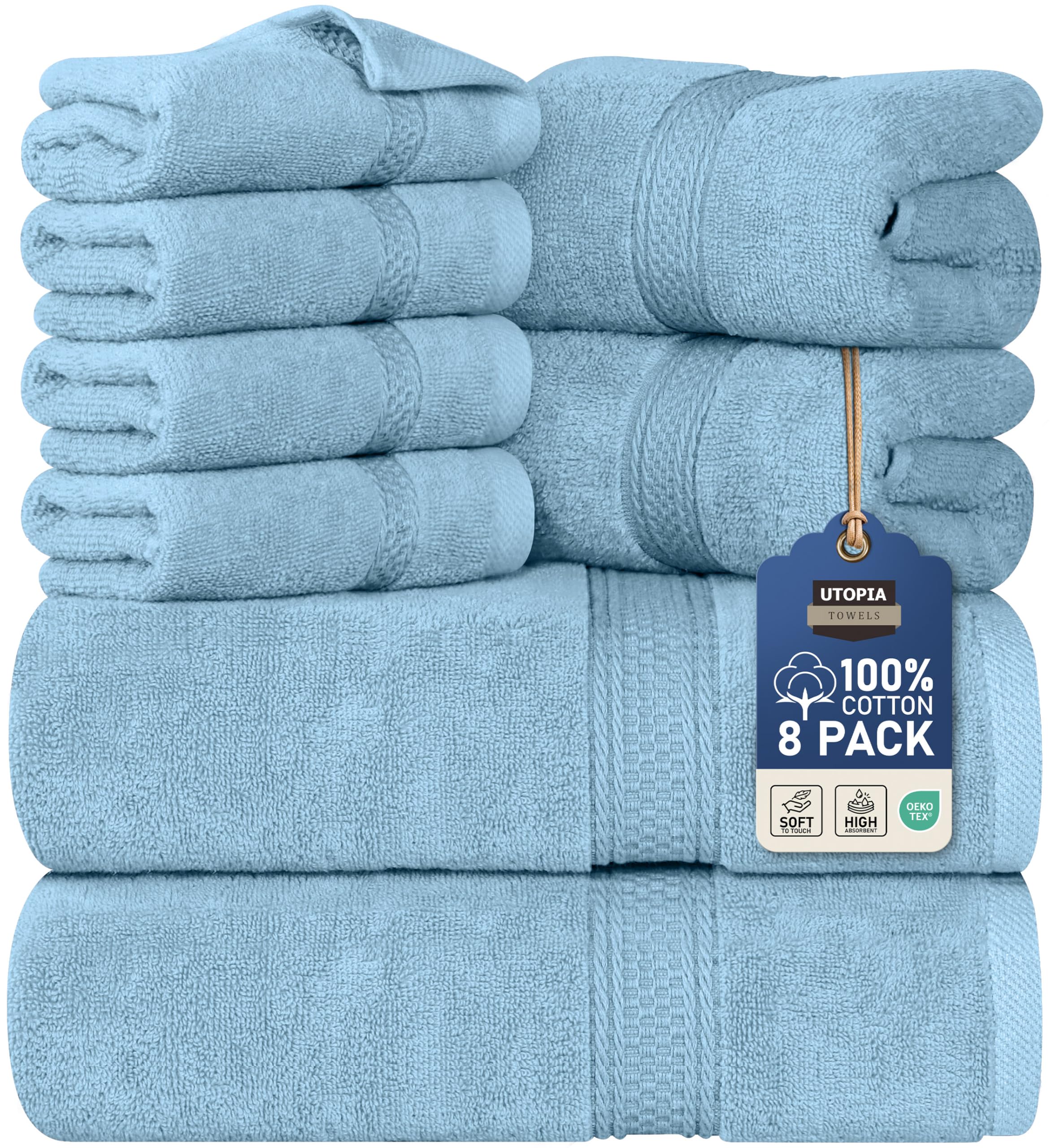Utopia Towels front packaging showing sky blue set and contents benefits