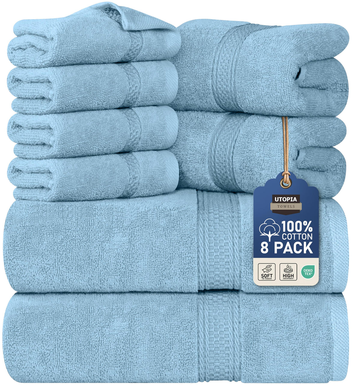 Utopia Towels front packaging showing sky blue set and contents benefits