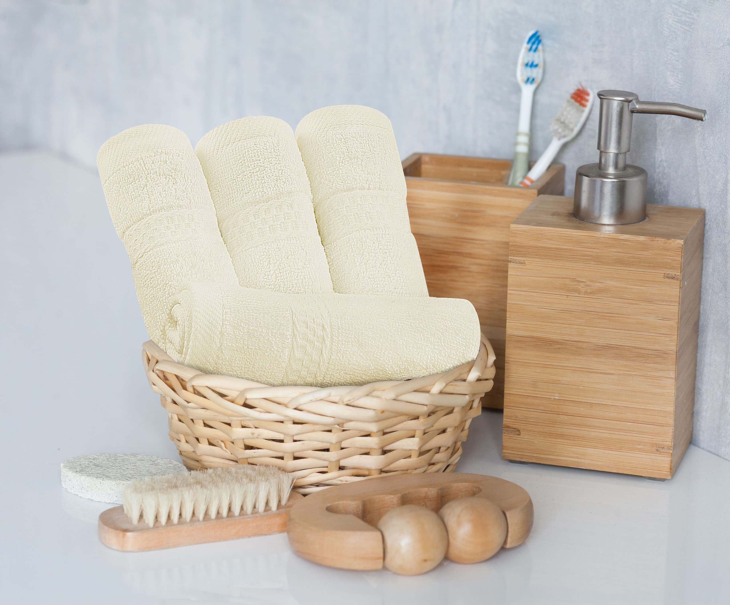 Utopia Towels staged spa bathroom setting conveying calm comfort