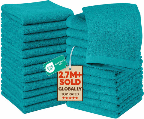 Utopia Towels stack front view showing neat turquoise set and quick identification