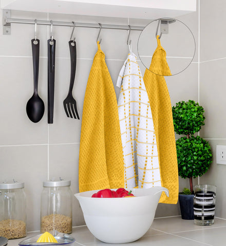 Utopia Towels lifestyle scene with crockery, adds cheerful kitchen style