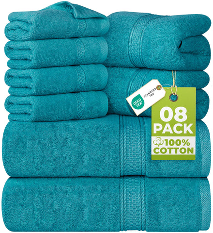 Utopia Towels teal front packaging showing complete 8-piece set benefits