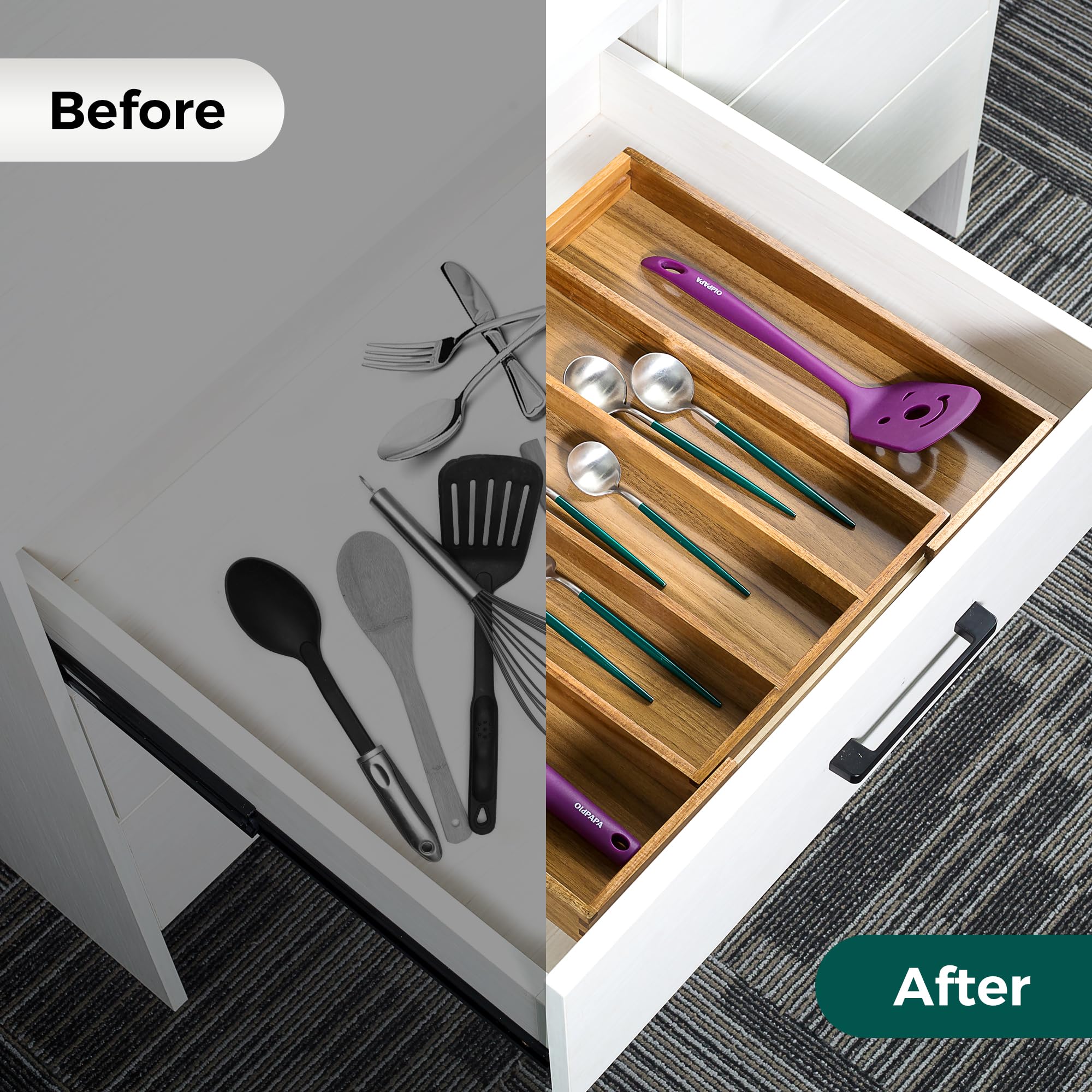 Utoplike acacia installed inside kitchen drawer showing quick access and neater countertop benefit