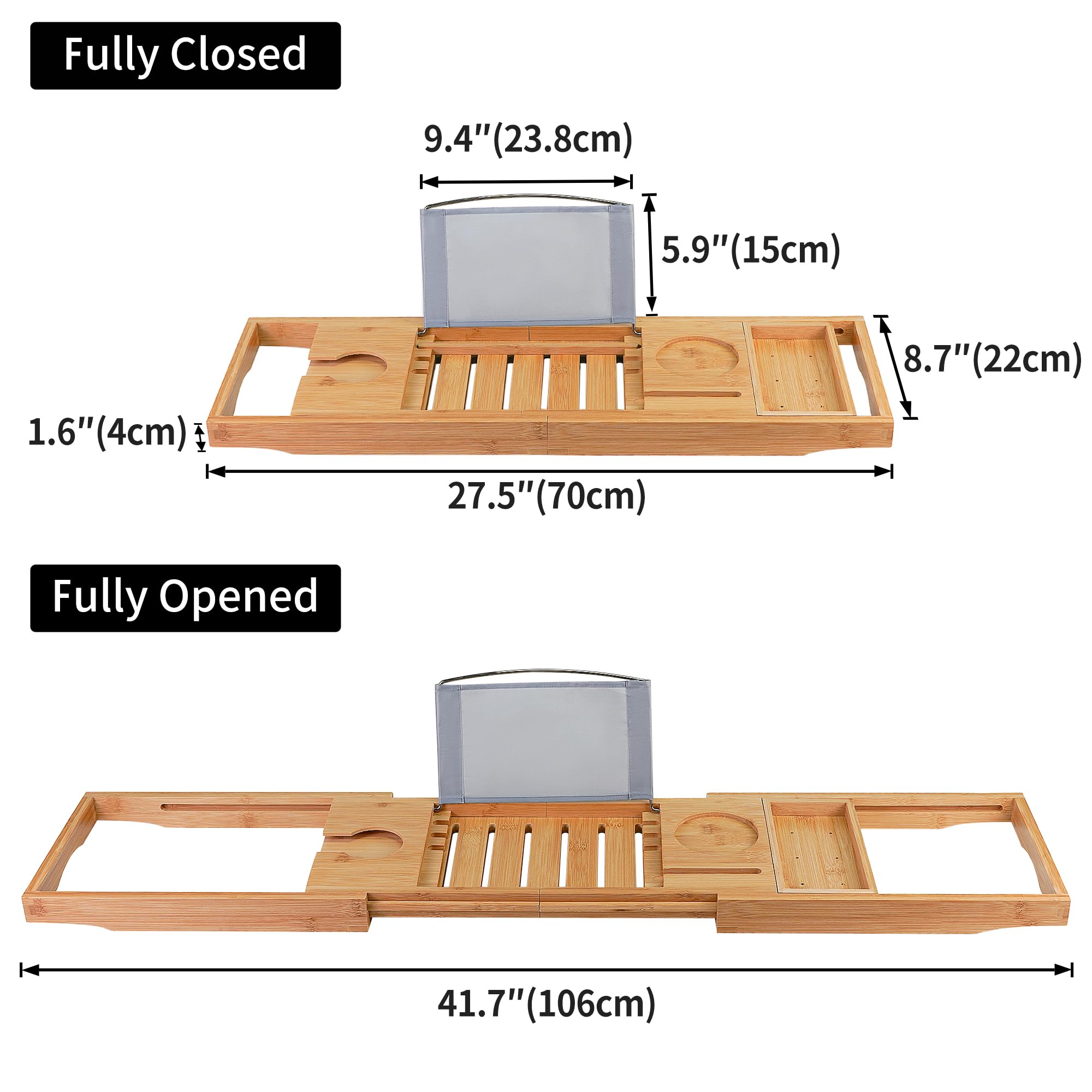 Utoplike caddy expanded across tub edge showing adjustable fit benefit