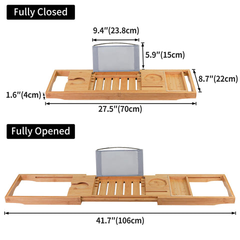 Utoplike caddy expanded across tub edge showing adjustable fit benefit