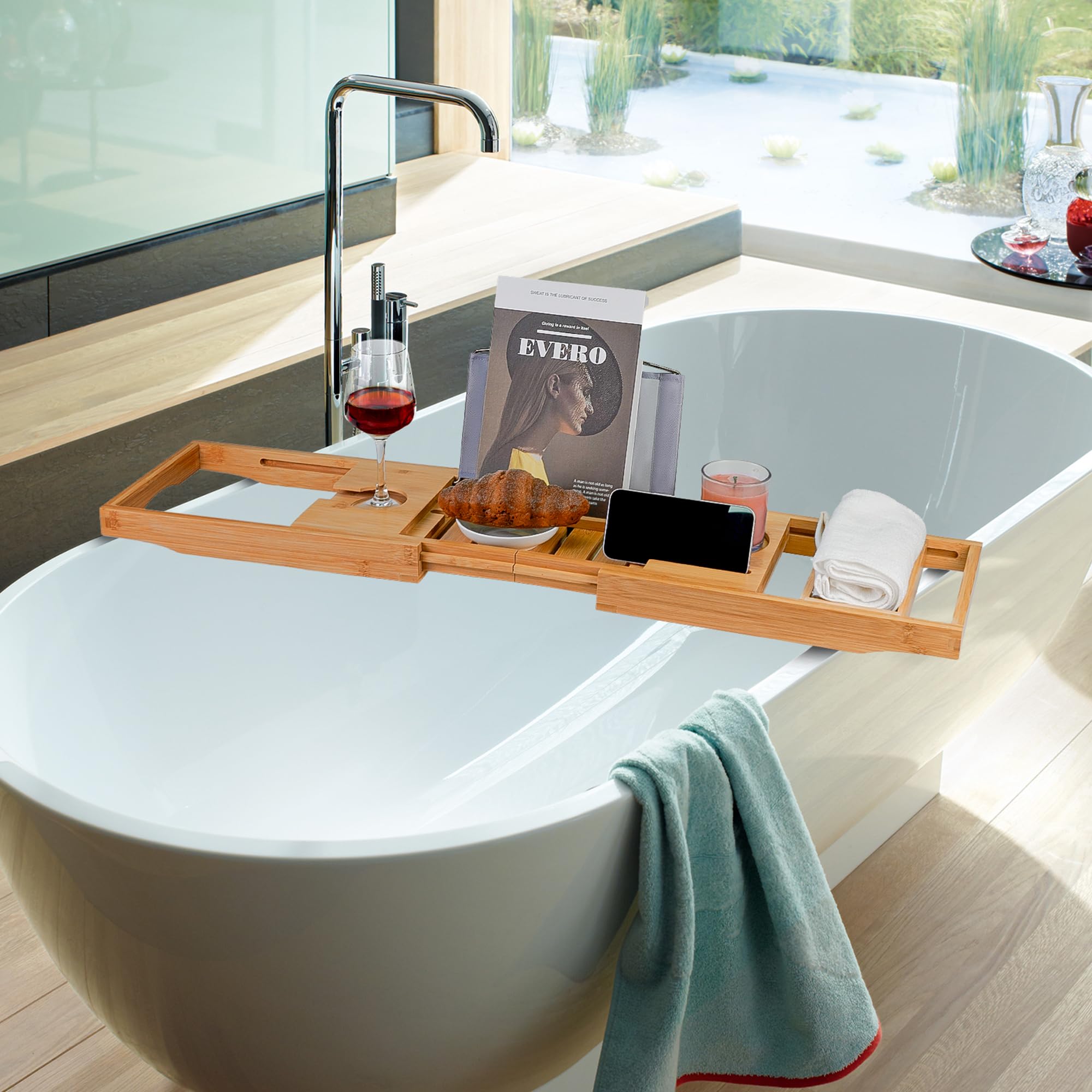 Utoplike tray holding a book and tablet demonstrating hands-free convenience