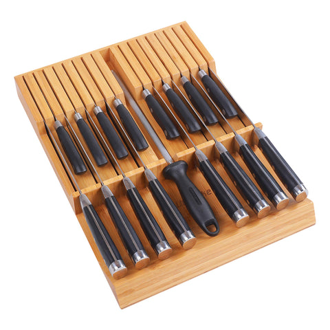 Utoplike bamboo in-drawer knife block front view showing neat knife storage
