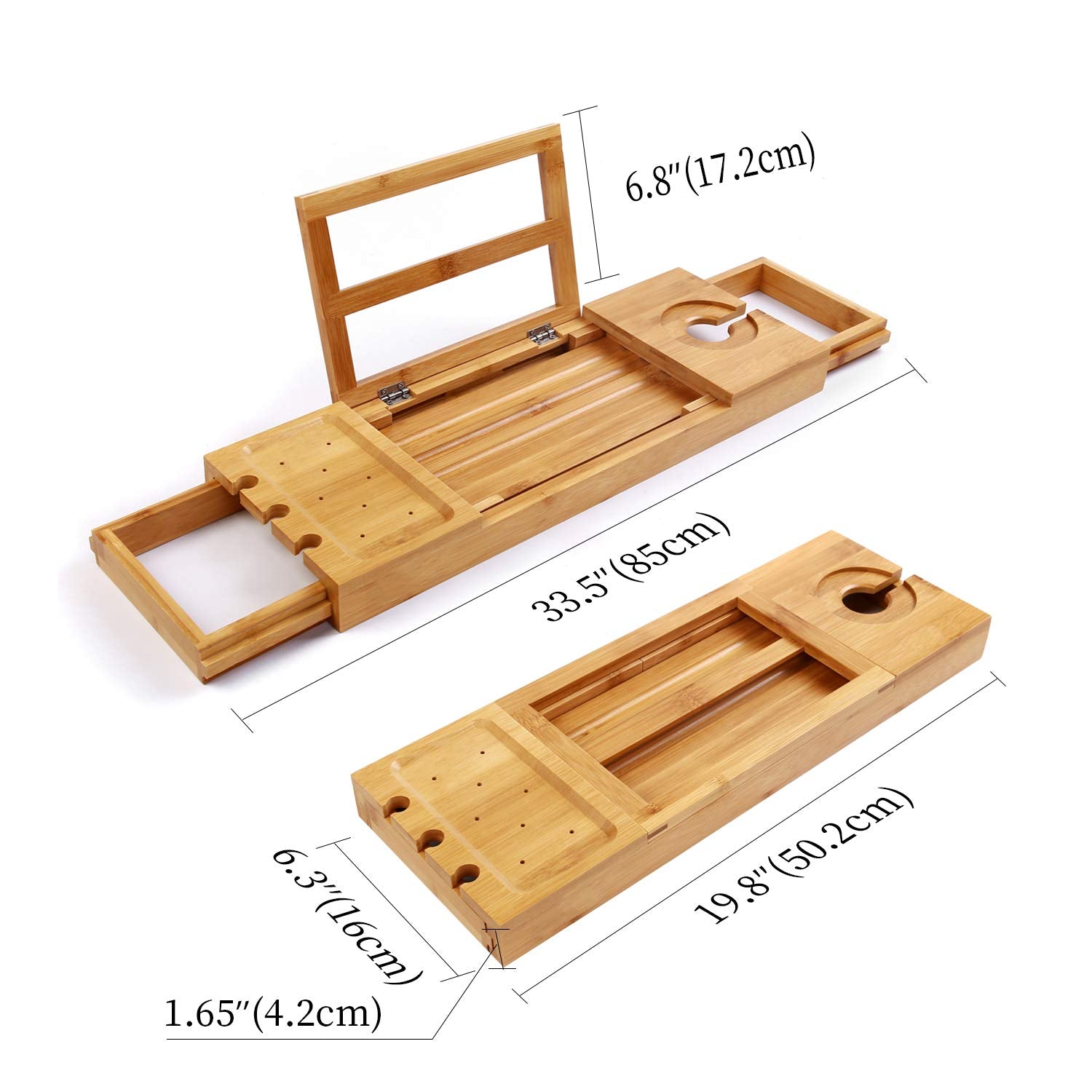 Utoplike bamboo extendable arm demonstrating adjustable fit across tub rims