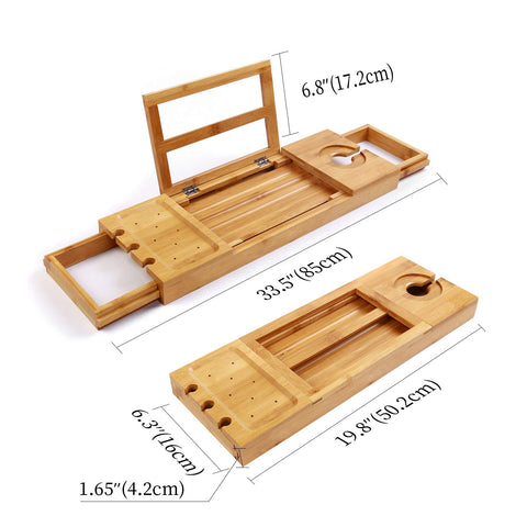 Utoplike bamboo extendable arm demonstrating adjustable fit across tub rims