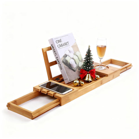 Utoplike bamboo tray overhead view showing organized bath essentials benefit convenience