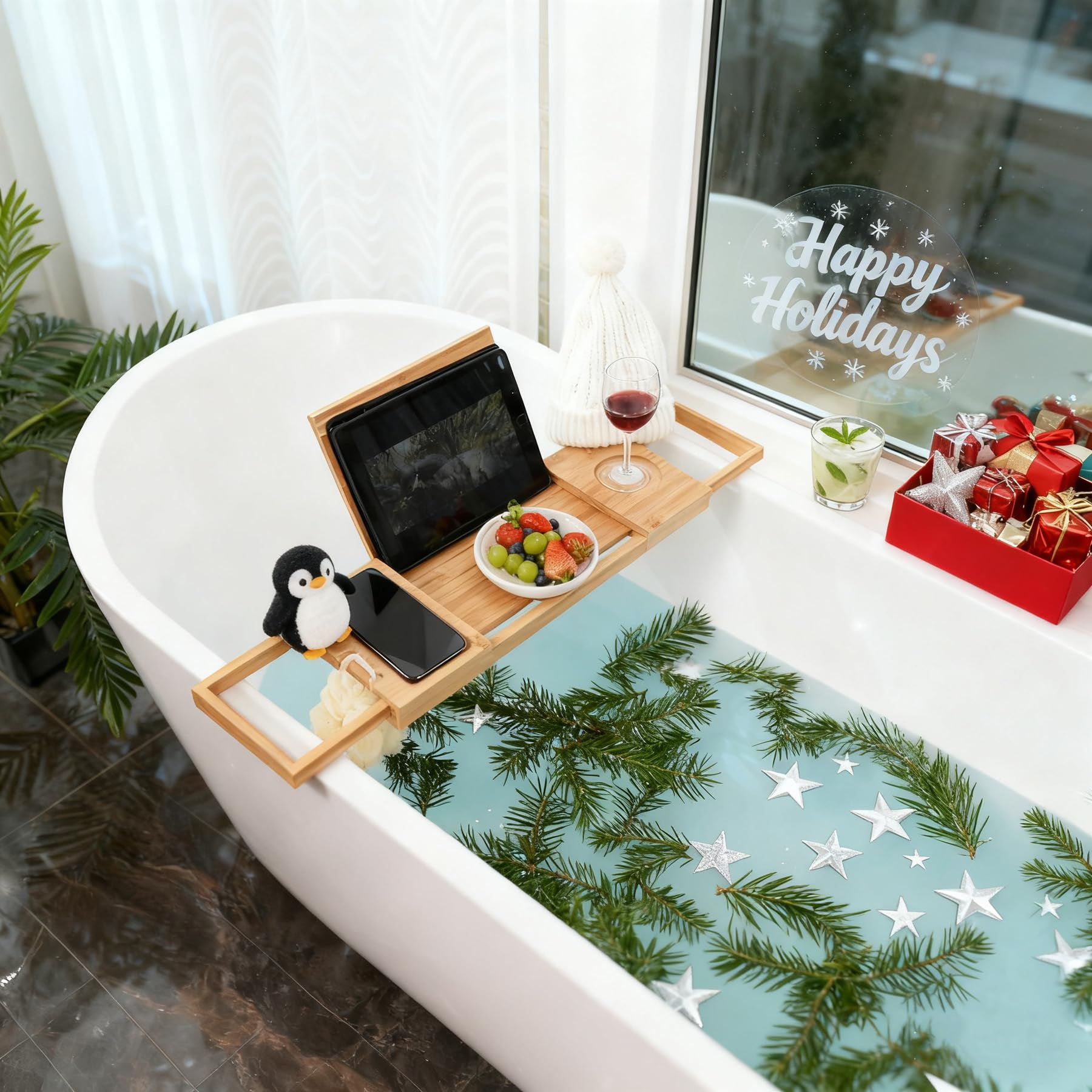 Utoplike bamboo tray in bathroom with candle and book creating a relaxing scene