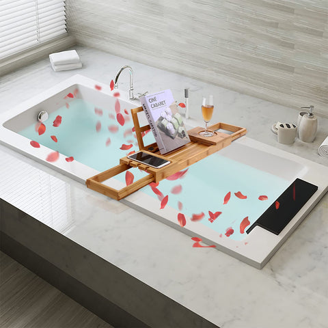 Utoplike bamboo tray beside ruler showing dimensions and expandable range for fit assurance