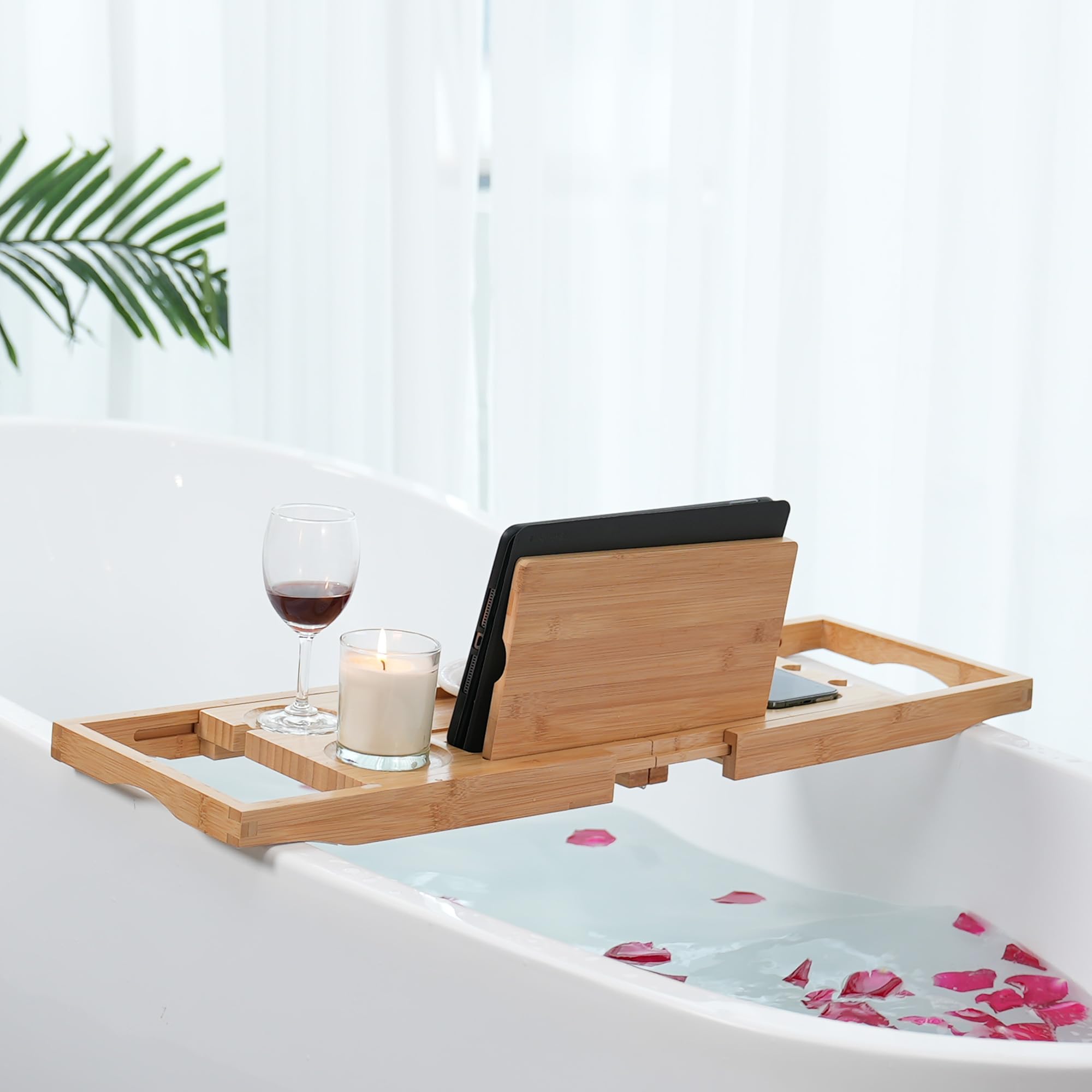 Utoplike bath caddy on a standard tub showing correct size and fit