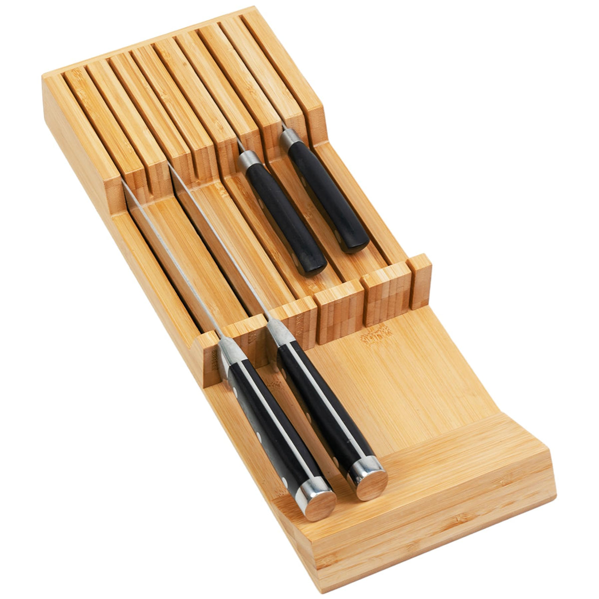 Utoplike front view of bamboo knife drawer organizer showing clean profile and natural grain for tidy storage