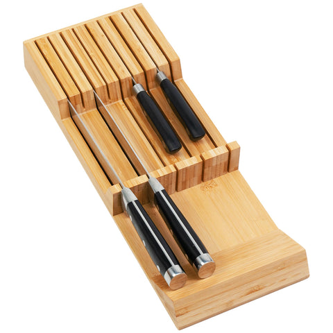 Utoplike front view of bamboo knife drawer organizer showing clean profile and natural grain for tidy storage