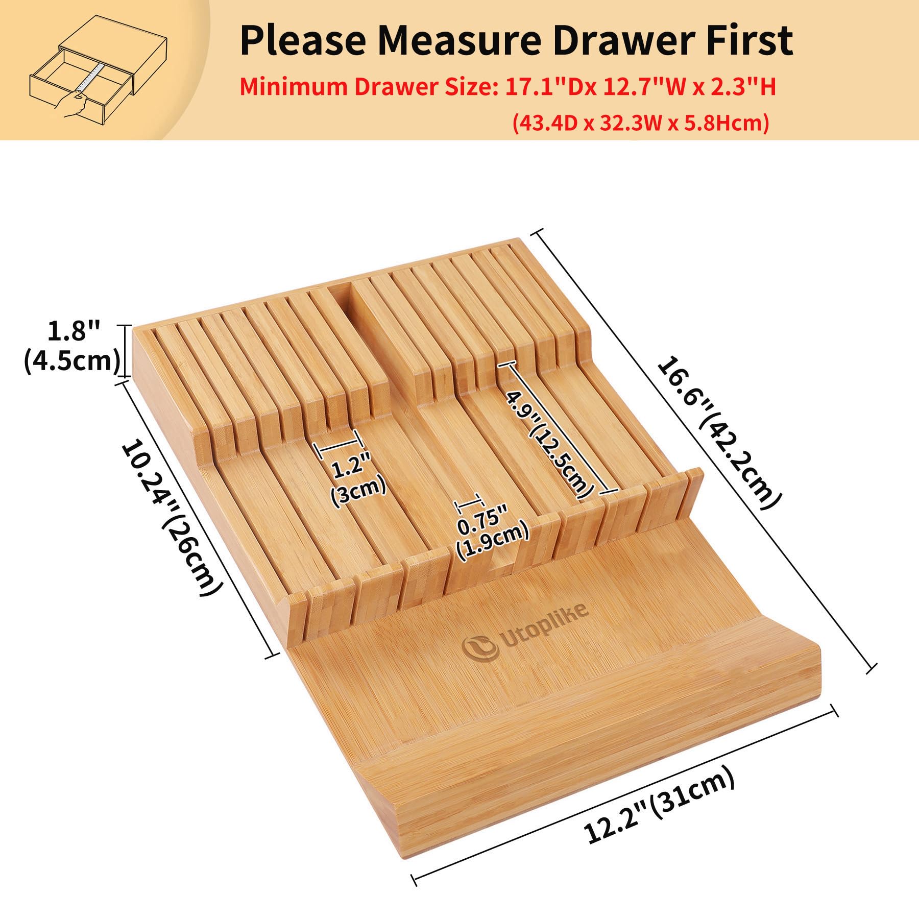Utoplike top view inside drawer with knives demonstrating organized access