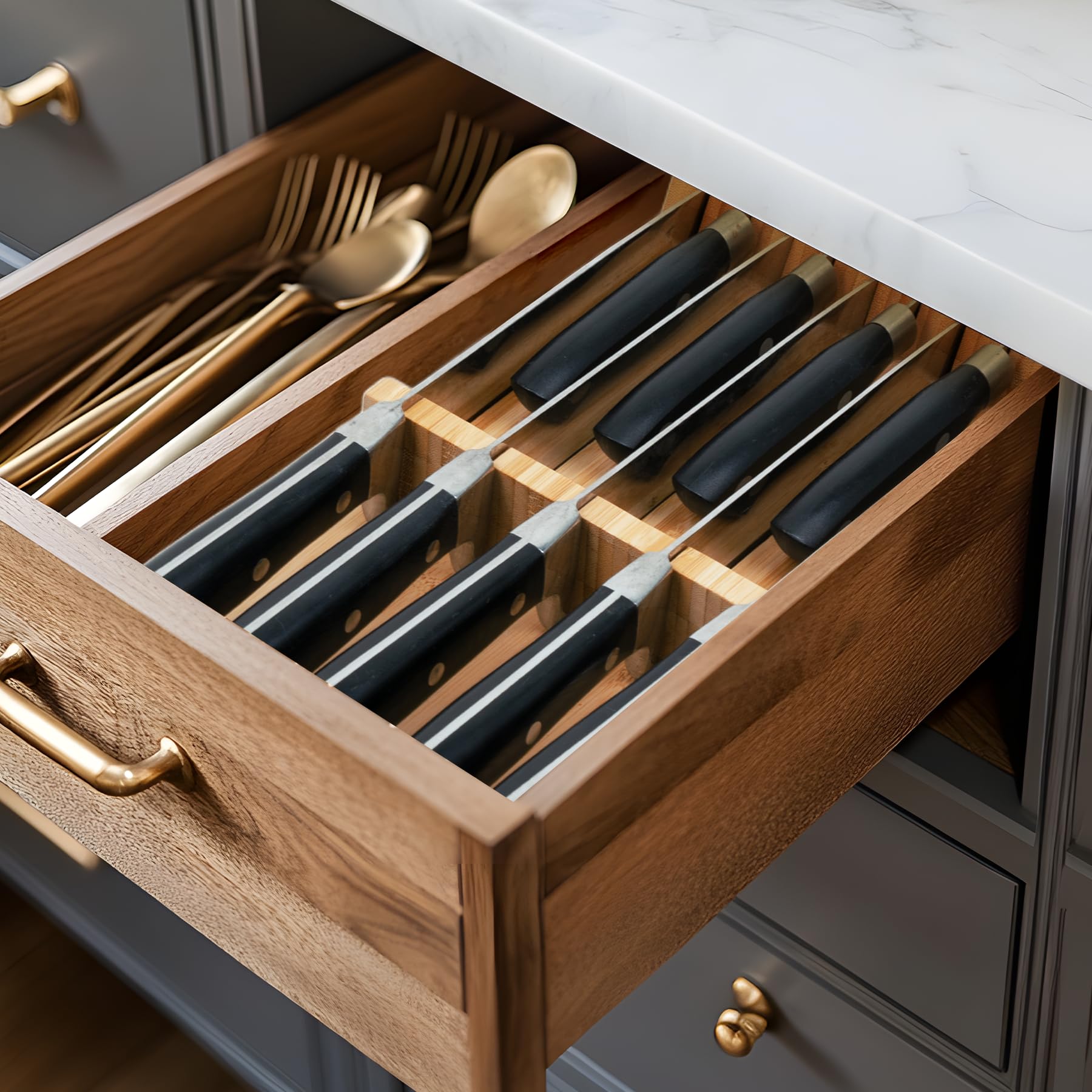 Utoplike ruler next to organizer illustrating product dimensions for quick drawer-fit verification