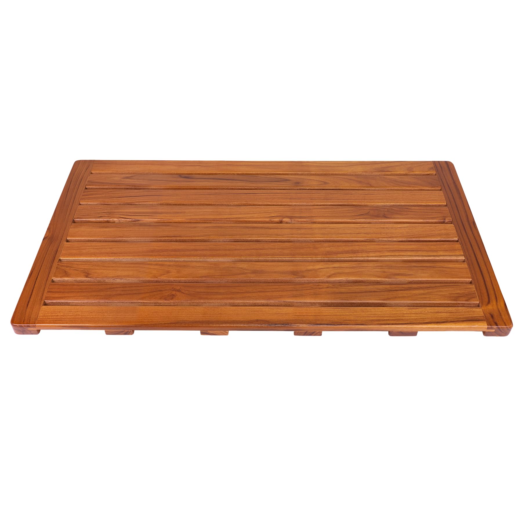 Utoplike front view of teak bath mat showing elegant profile and warmth