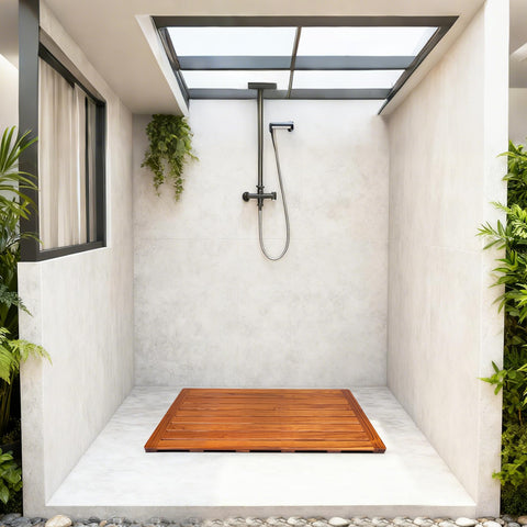 Utoplike teak mat placed in shower demonstrating fast drainage benefit