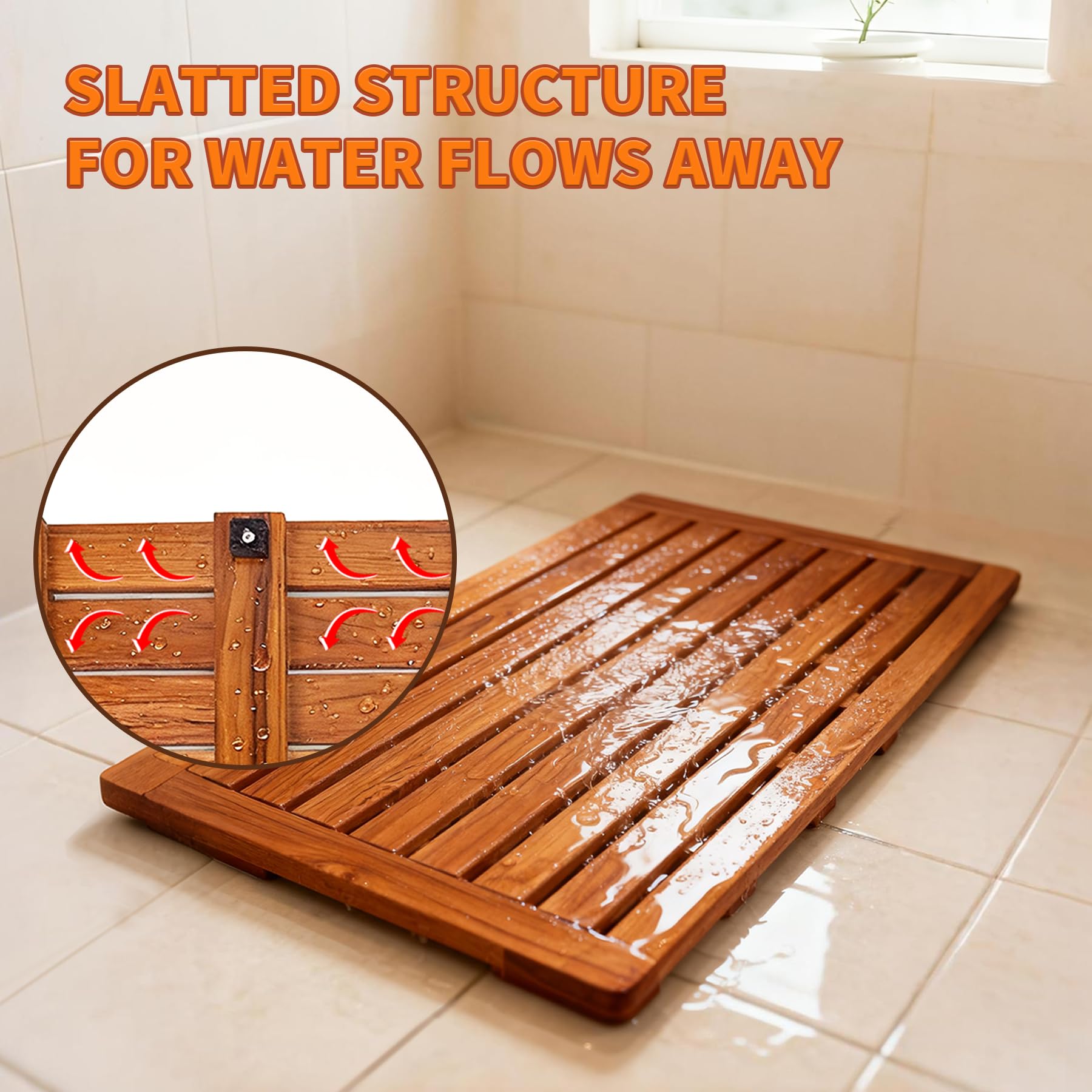 Utoplike teak mat in outdoor shower adding natural warmth and resilience