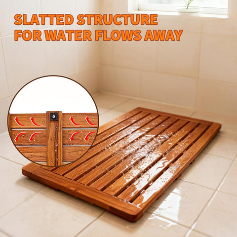 Utoplike teak mat in outdoor shower adding natural warmth and resilience