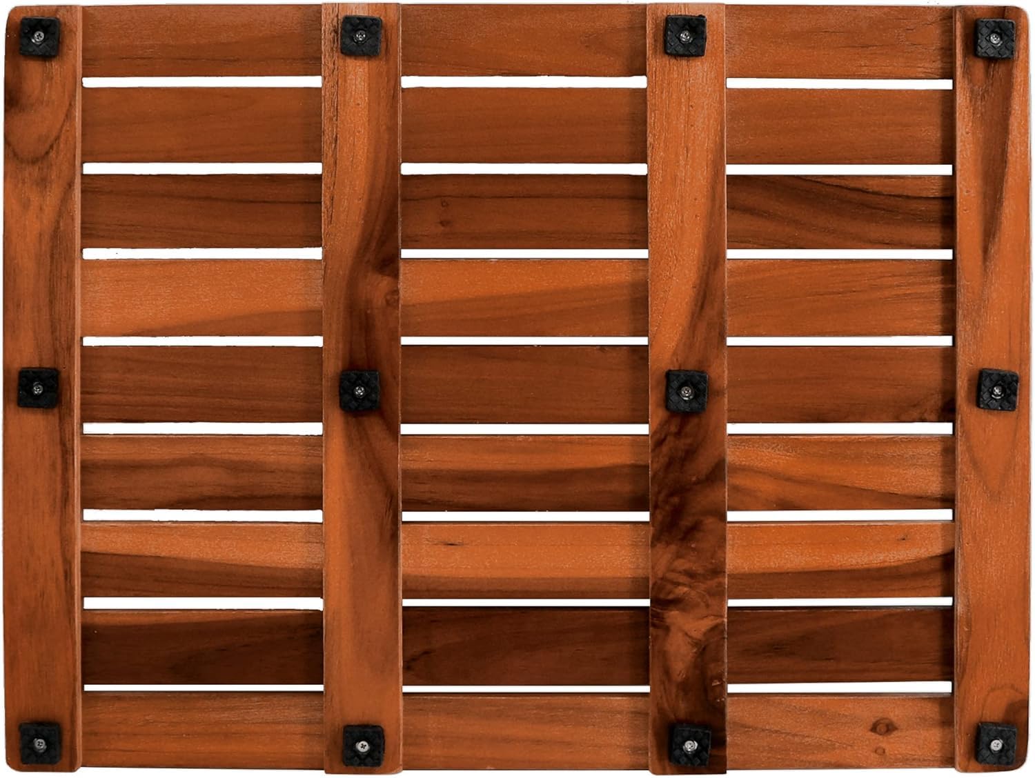 Utoplike teak mat beside bathroom tile showing size and scale benefit