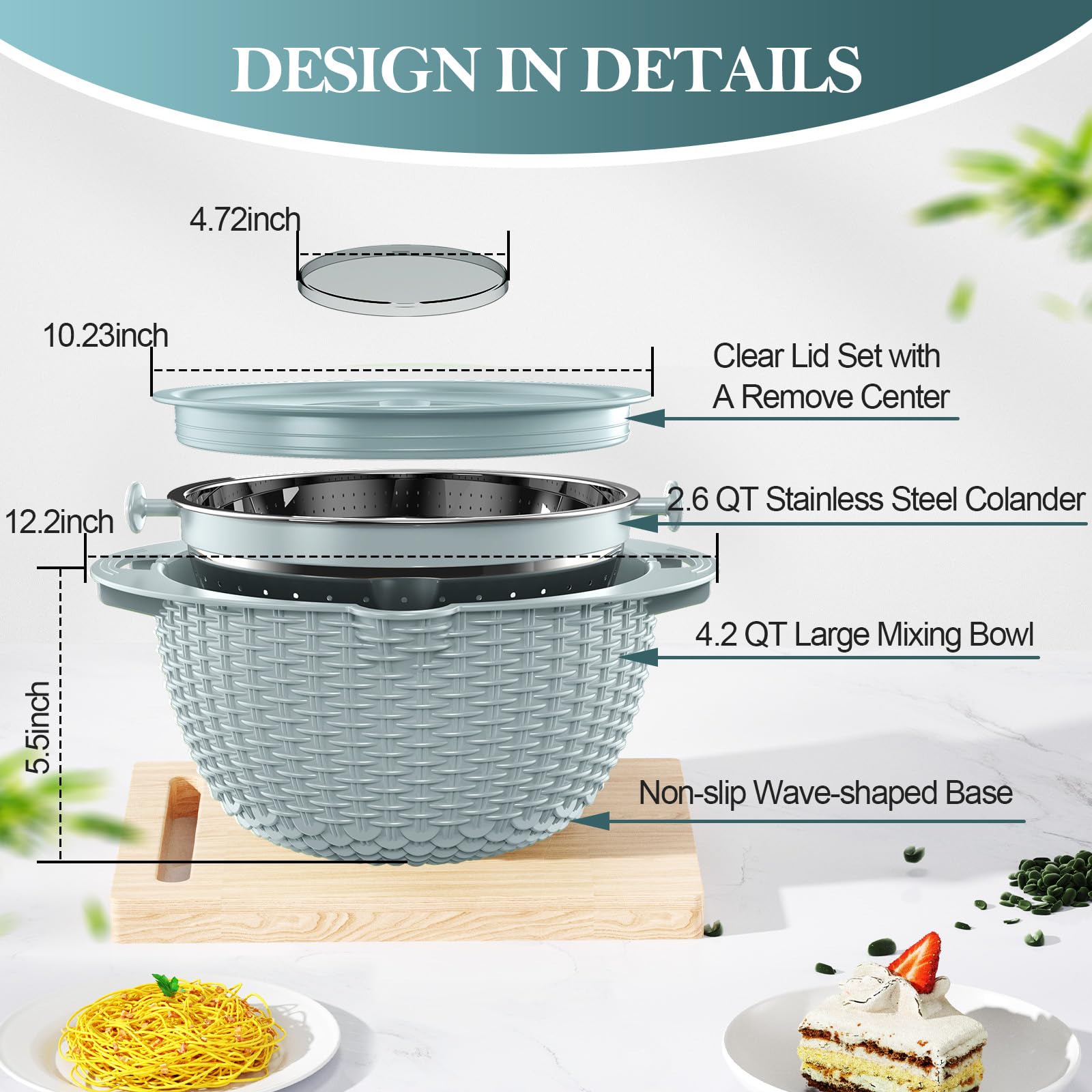 UTTKOJ colander set next to fruit to show 4-quart bowl capacity benefit