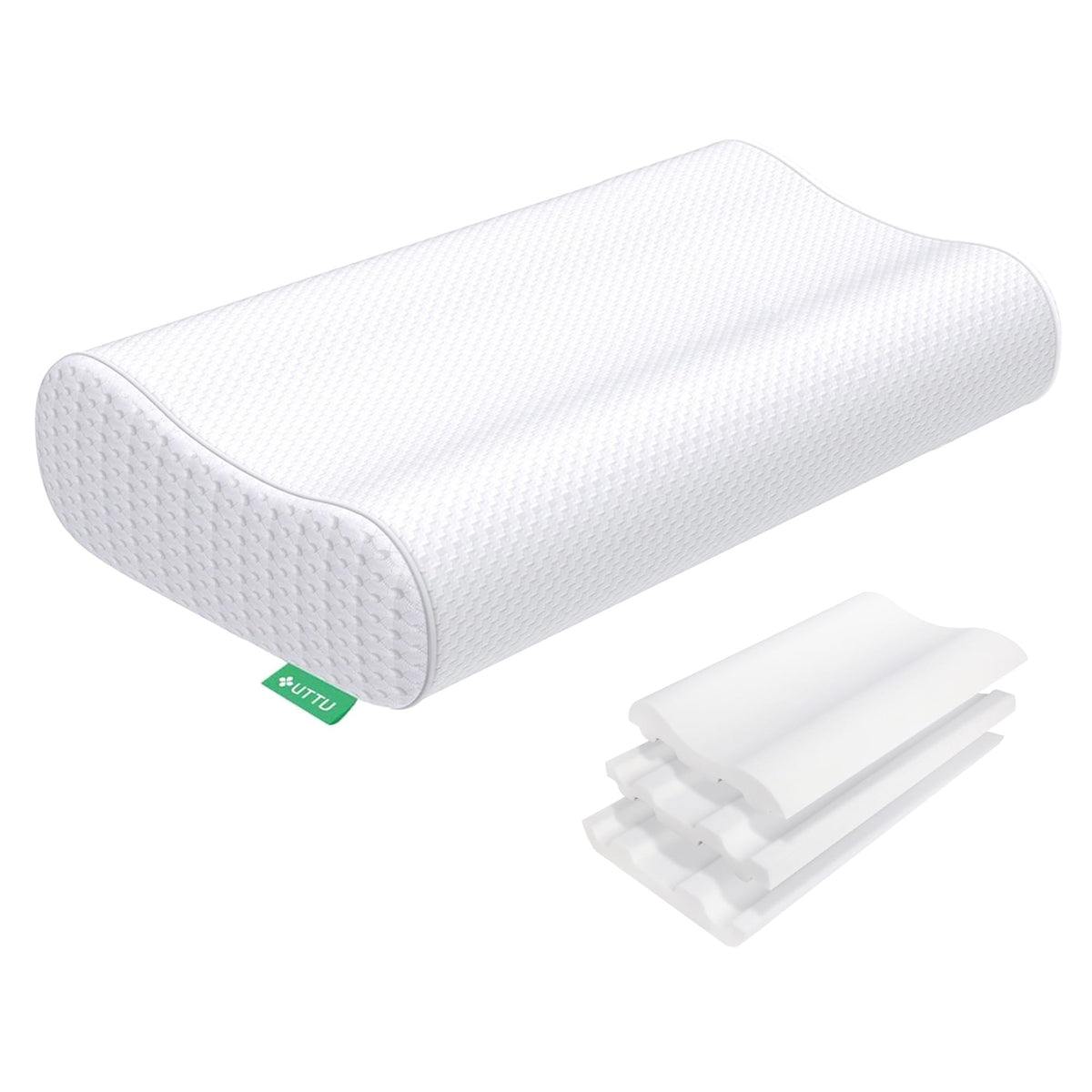 UTTU pillow front view showing ergonomic contour and supportive shape for better neck alignment