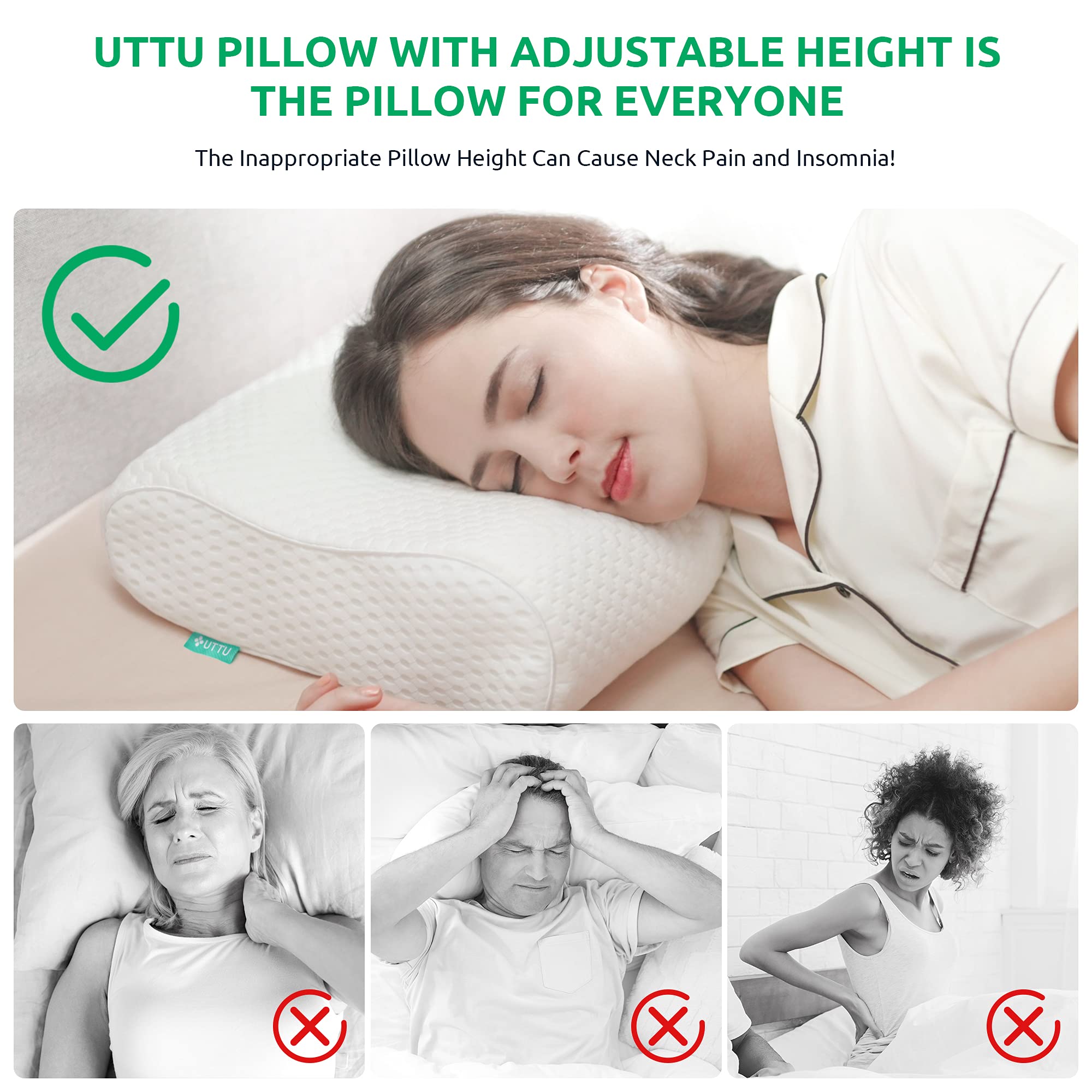 UTTU pillow split layers displayed to show adjustable loft for personalized height