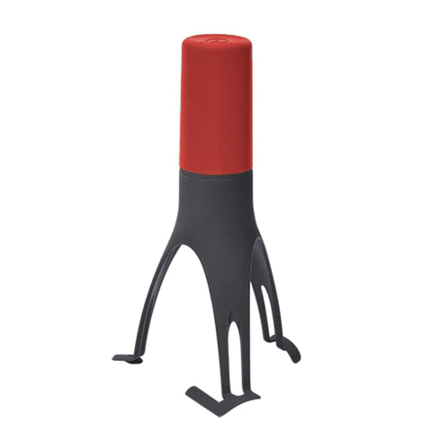 Uutensil Stirr front view showing red body and stable base for hands-free stirring