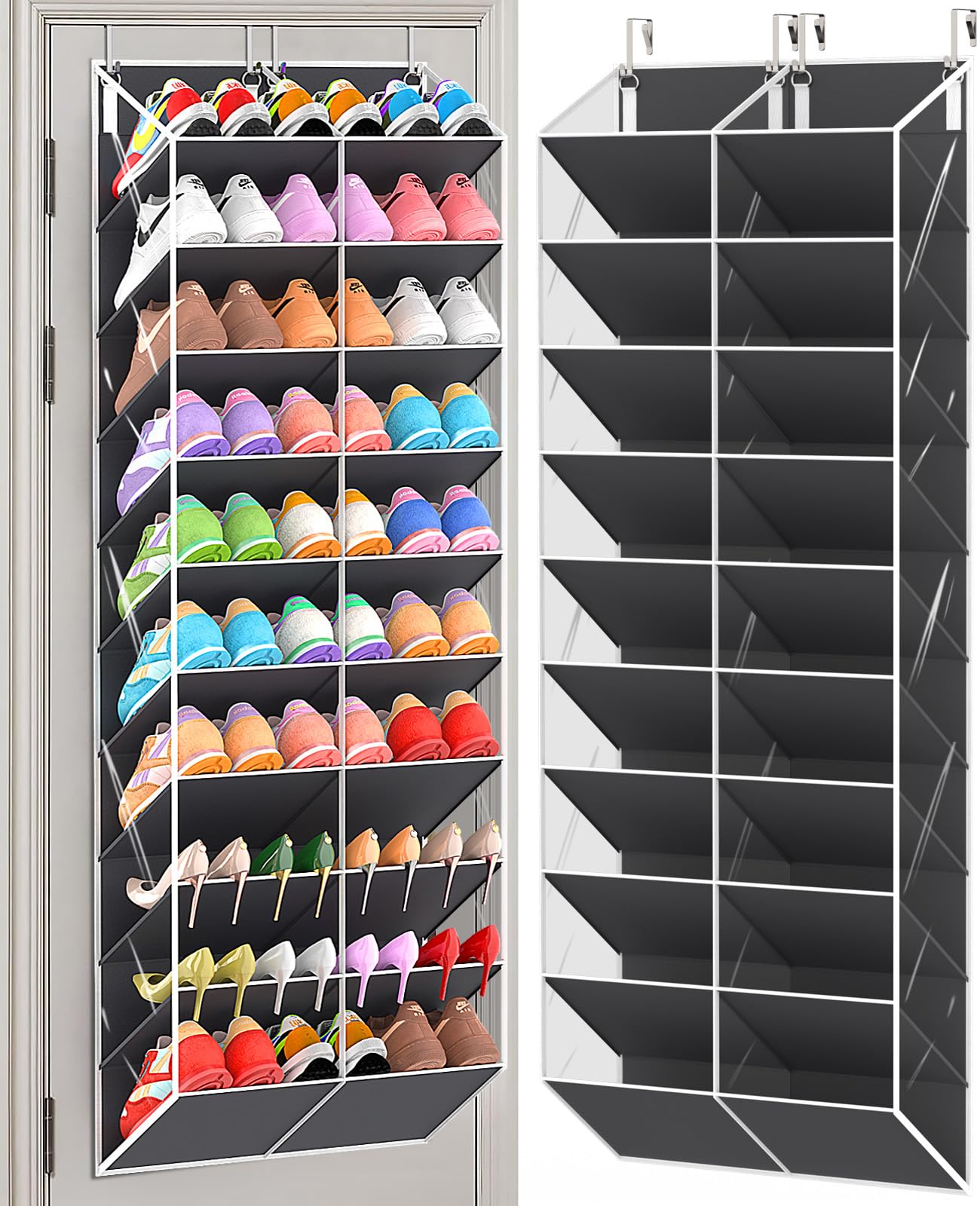 UVIAHOMI front view of hanging shoe organizer showing dark grey finish and clear pockets, saves space