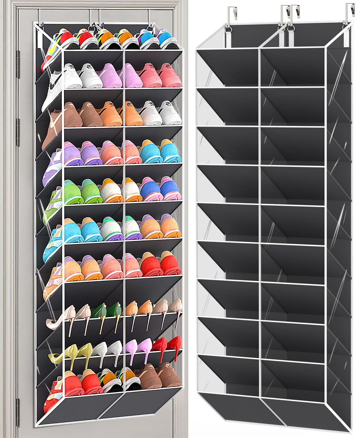 UVIAHOMI front view of hanging shoe organizer showing dark grey finish and clear pockets, saves space