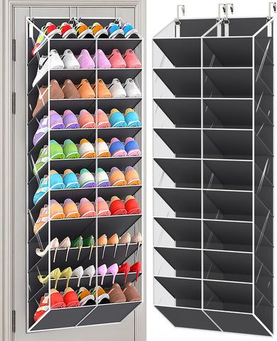 UVIAHOMI front view of hanging shoe organizer showing dark grey finish and clear pockets, saves space