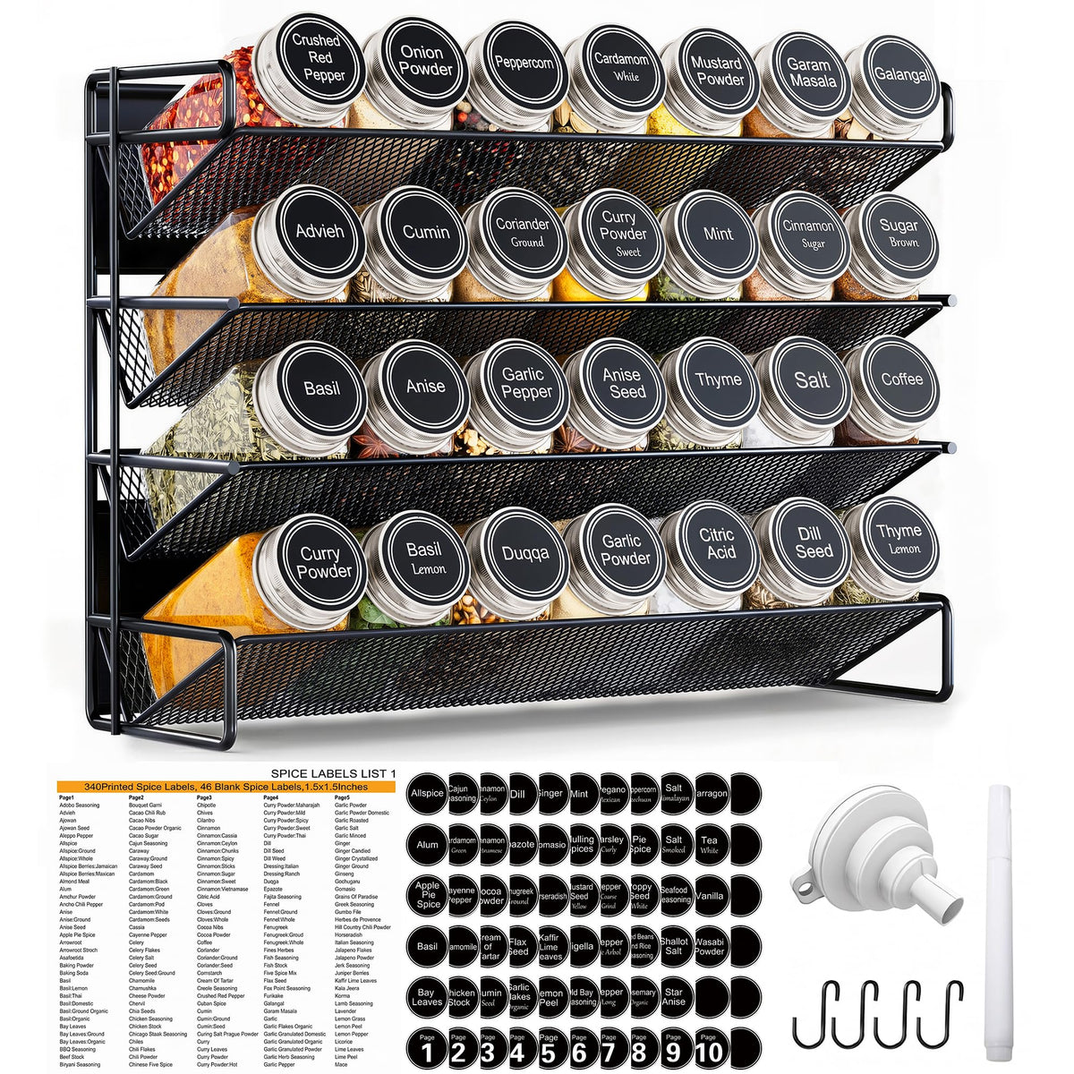 UVIAHOMI front view of full spice rack showing organized jars and clean finish benefits quick access