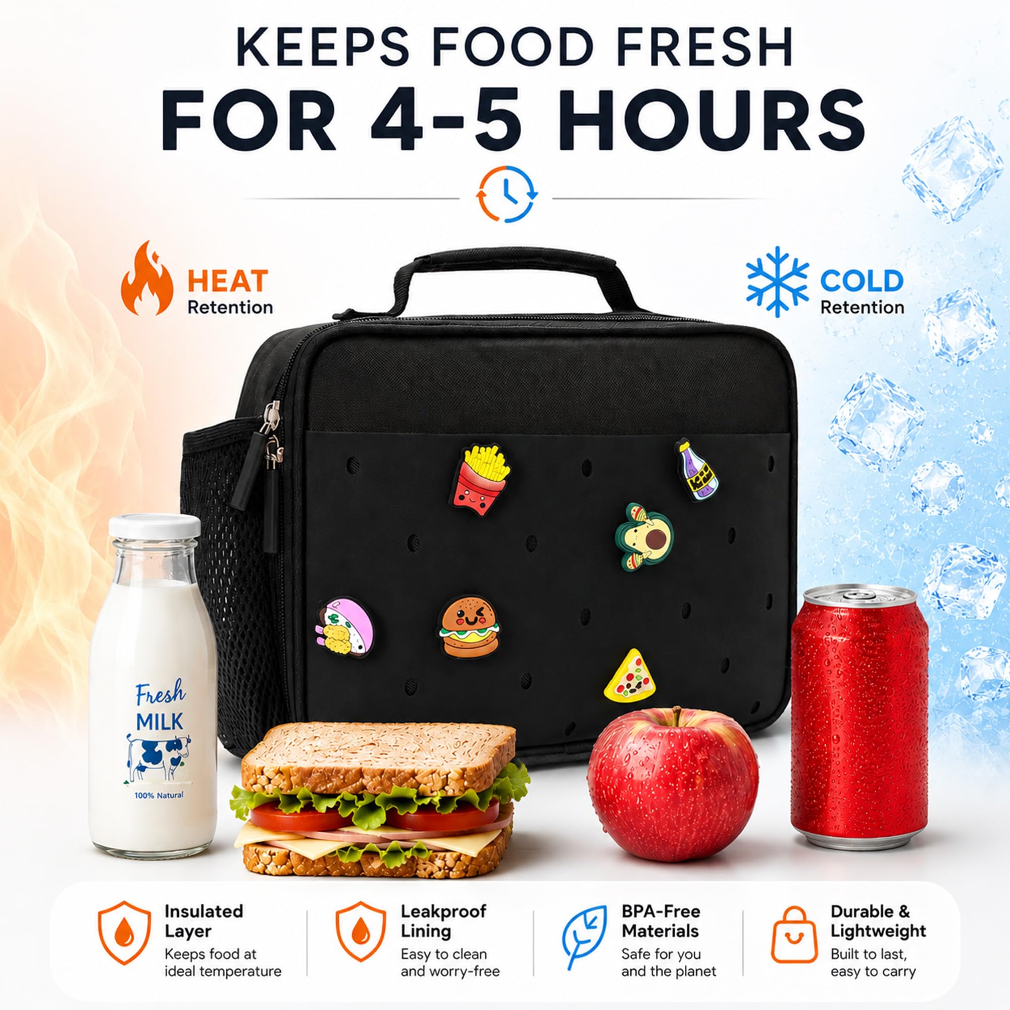 Uxeqtop shown next to standard lunchbox to illustrate compact size and fit benefit