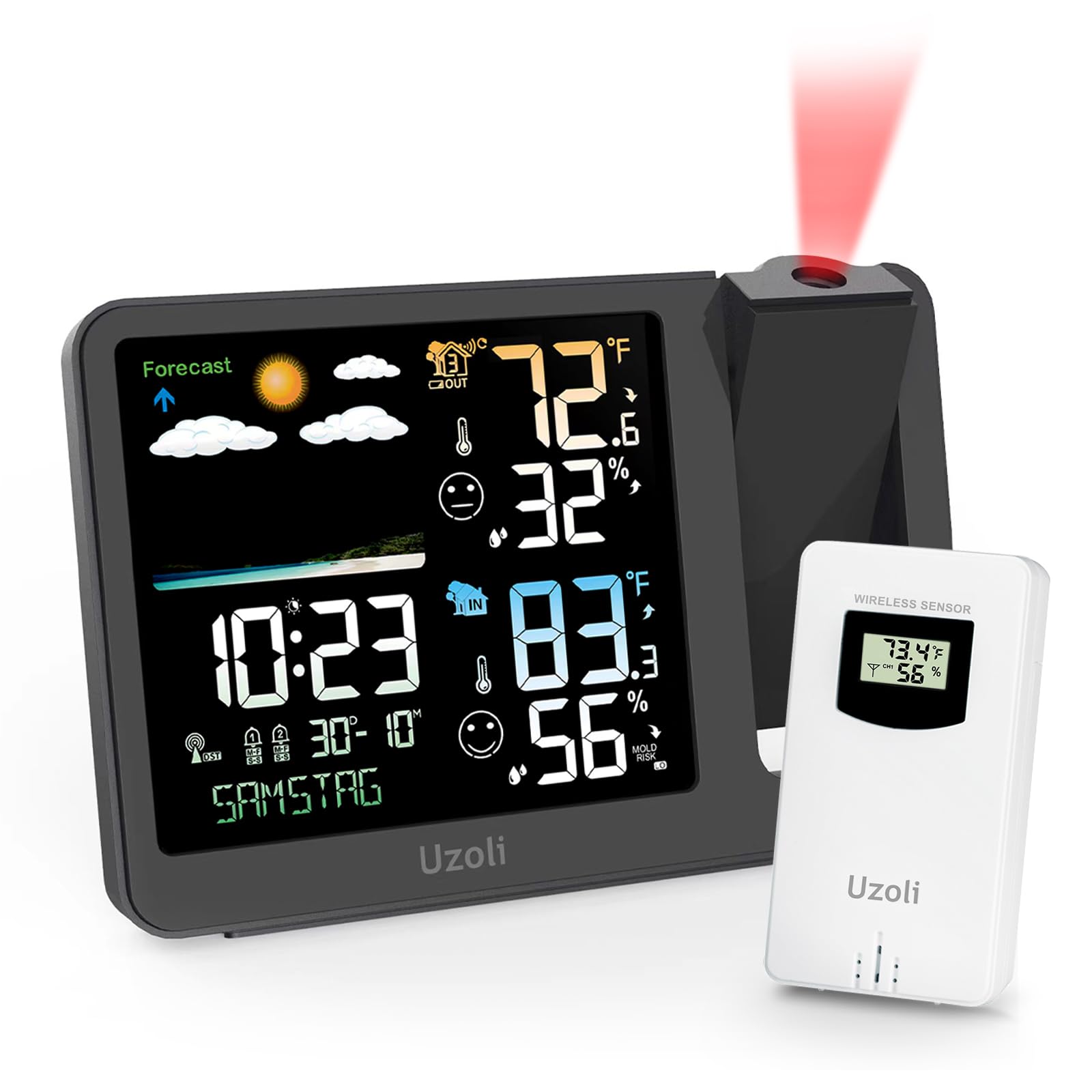 uzoli front display showing time temperature and icons for quick reference
