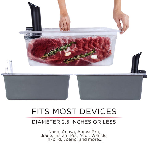 Väeske lid with immersion circulator installed for hands-free long cooks