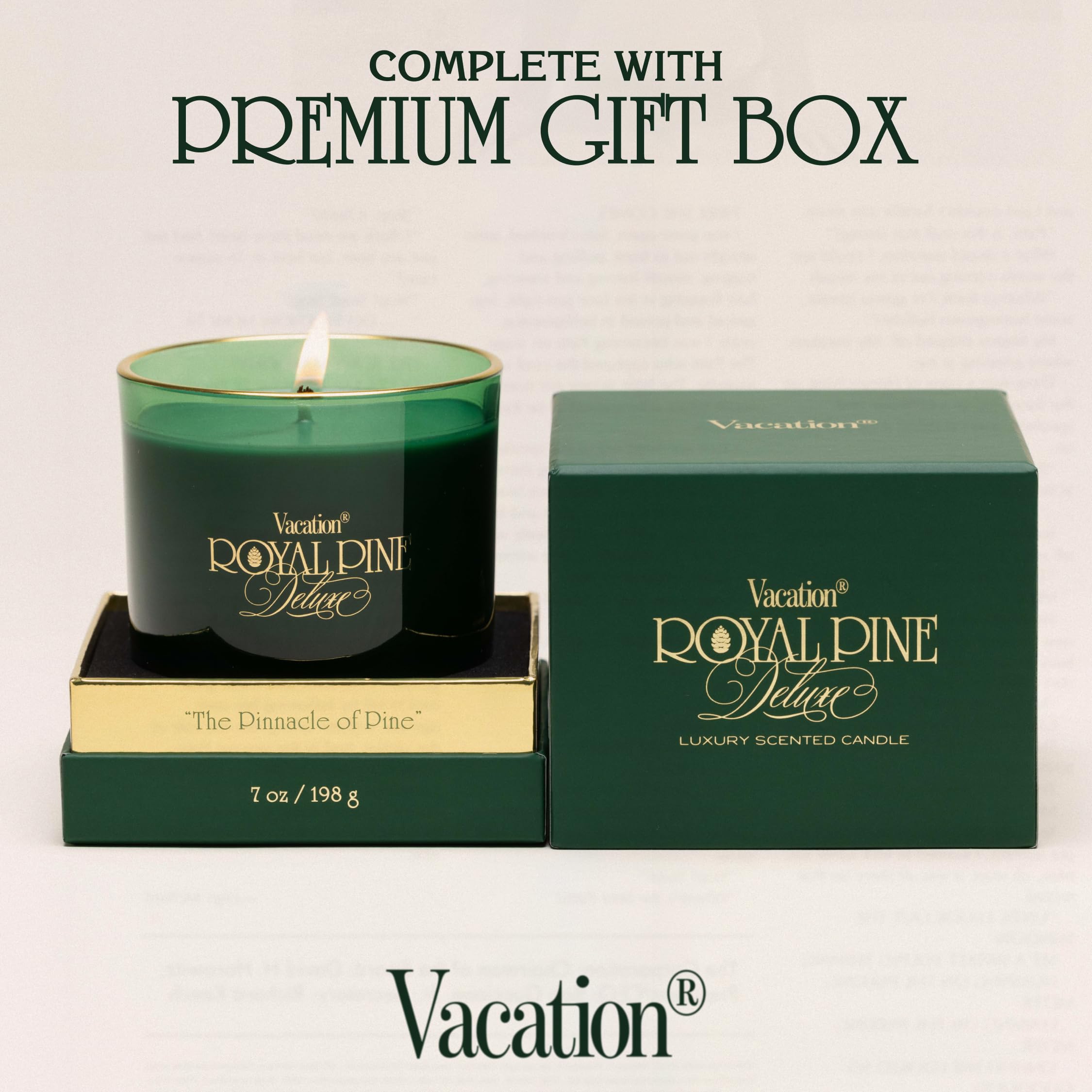 Vacation Royal Pine label and gold foil close-up revealing brand details and luxurious design