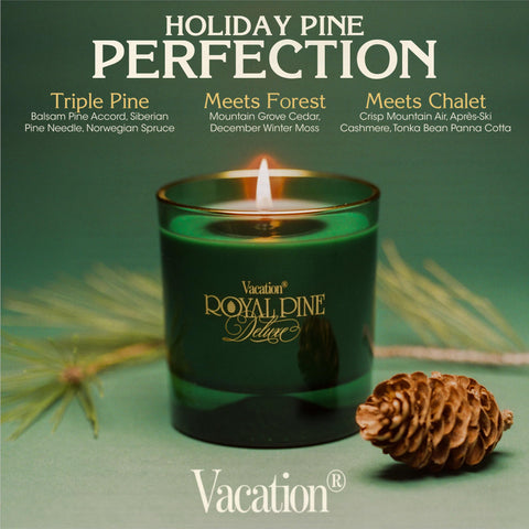 Vacation Royal Pine wax and cotton wick close-up highlighting clean soy-blend burn and even flame