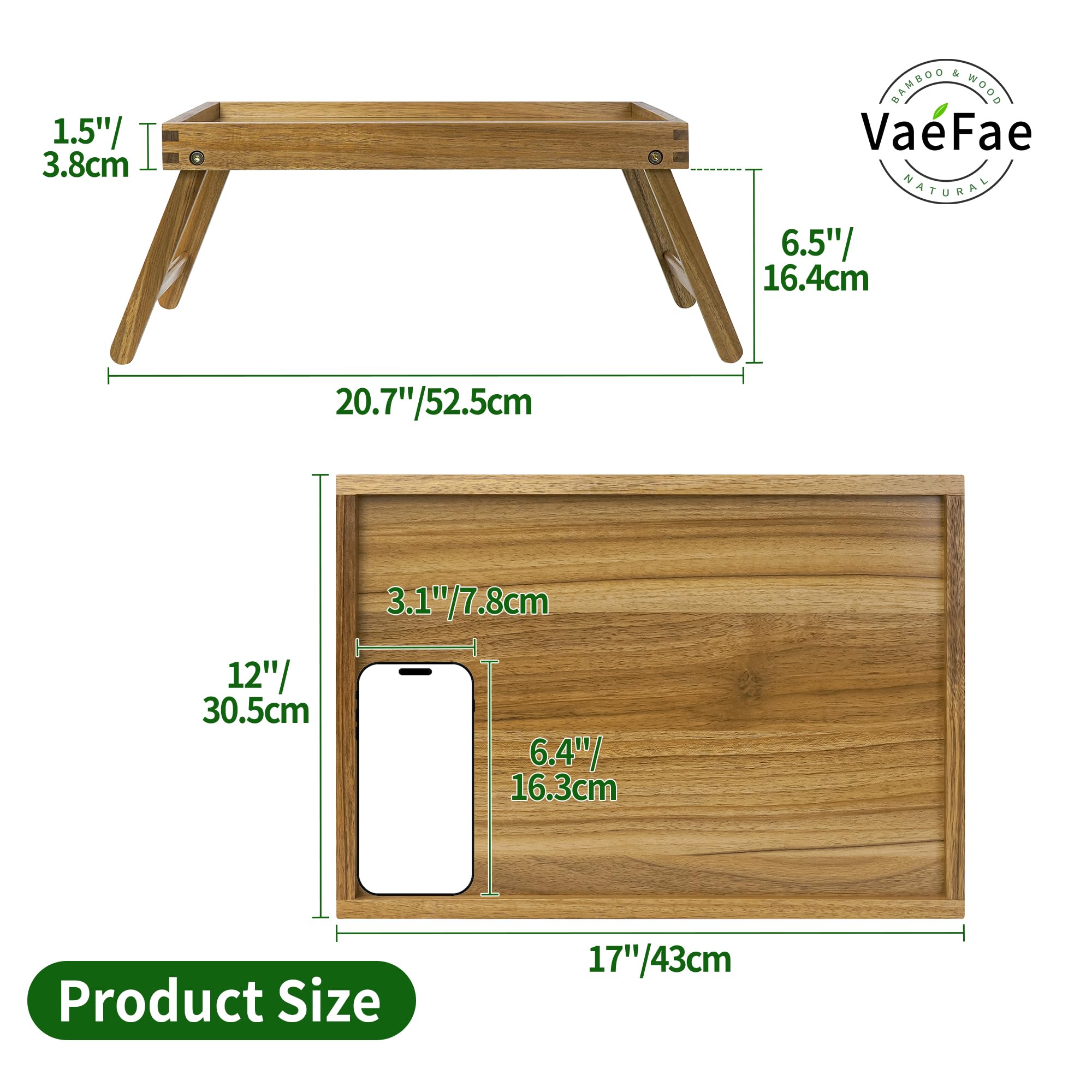 VaeFae acacia bed tray leg detail showing sturdy folding mechanism and stability