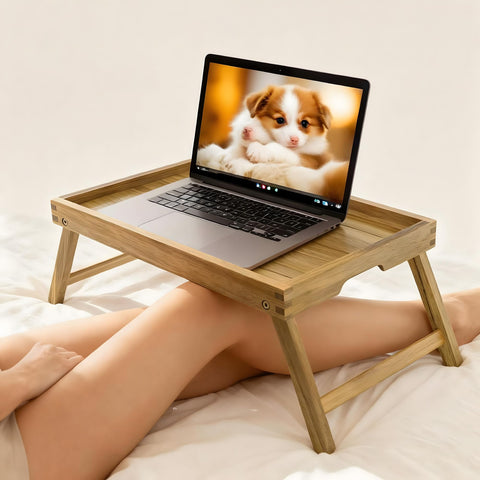 VaeFae acacia bed tray scale with book showing medium size and surface capacity