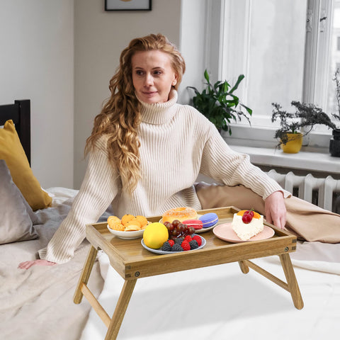 VaeFae acacia bed tray serving breakfast on bed demonstrating practical use