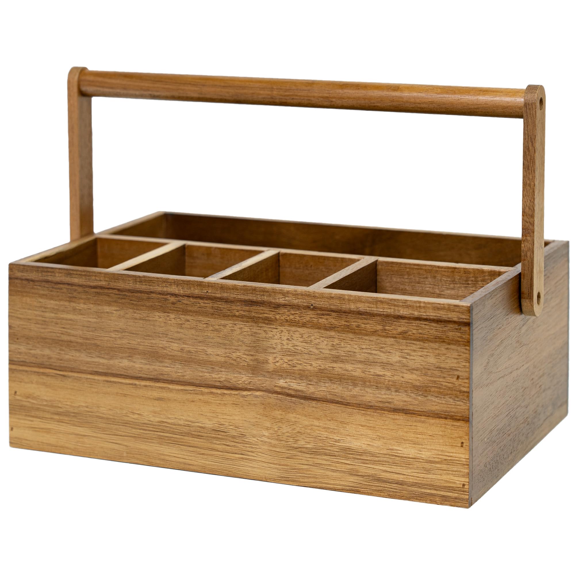 VaeFae acacia caddy front view showing tidy organization and natural wood finish