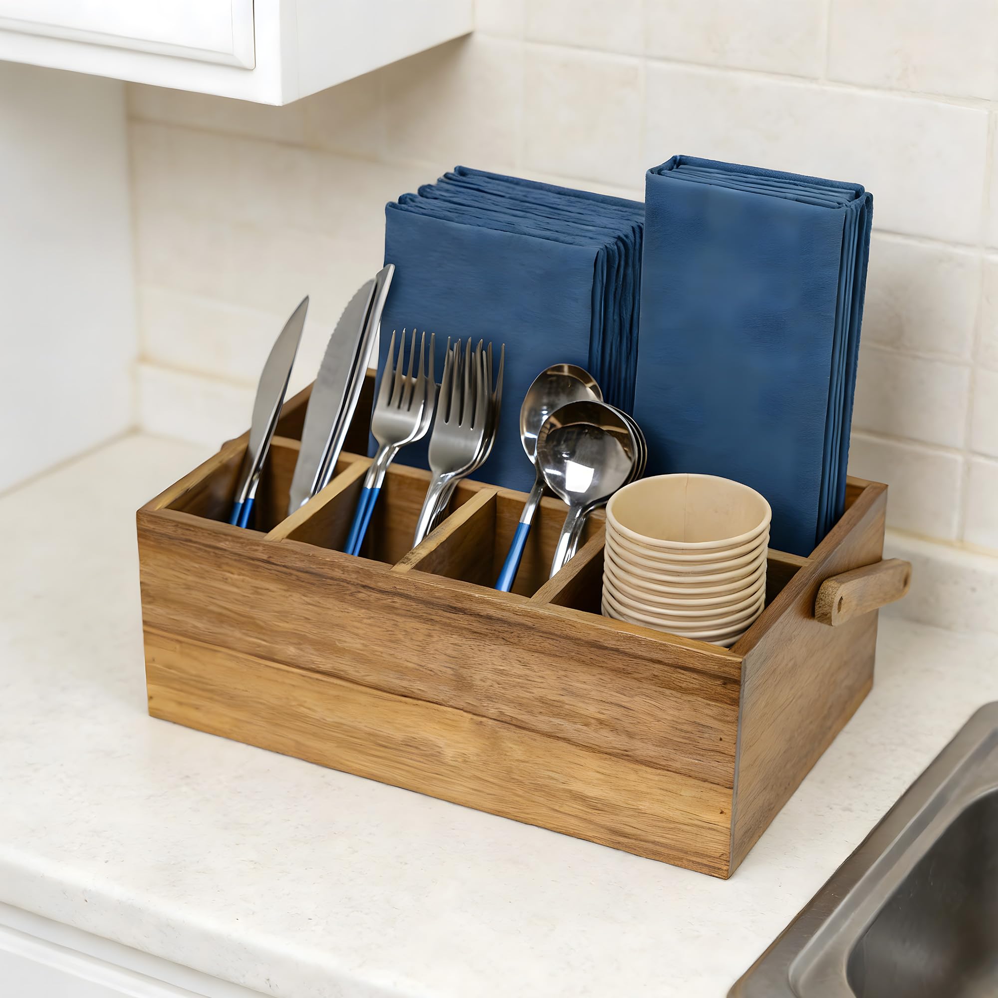 VaeFae acacia caddy on kitchen counter adding organized, warm decor