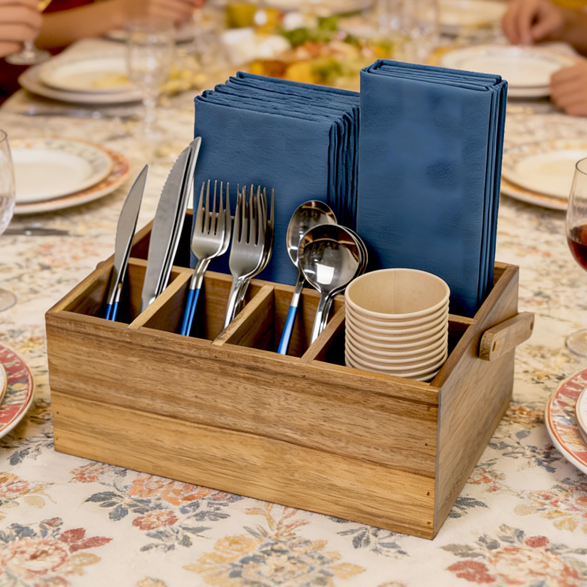 VaeFae acacia caddy with flatware arranged for quick guest access