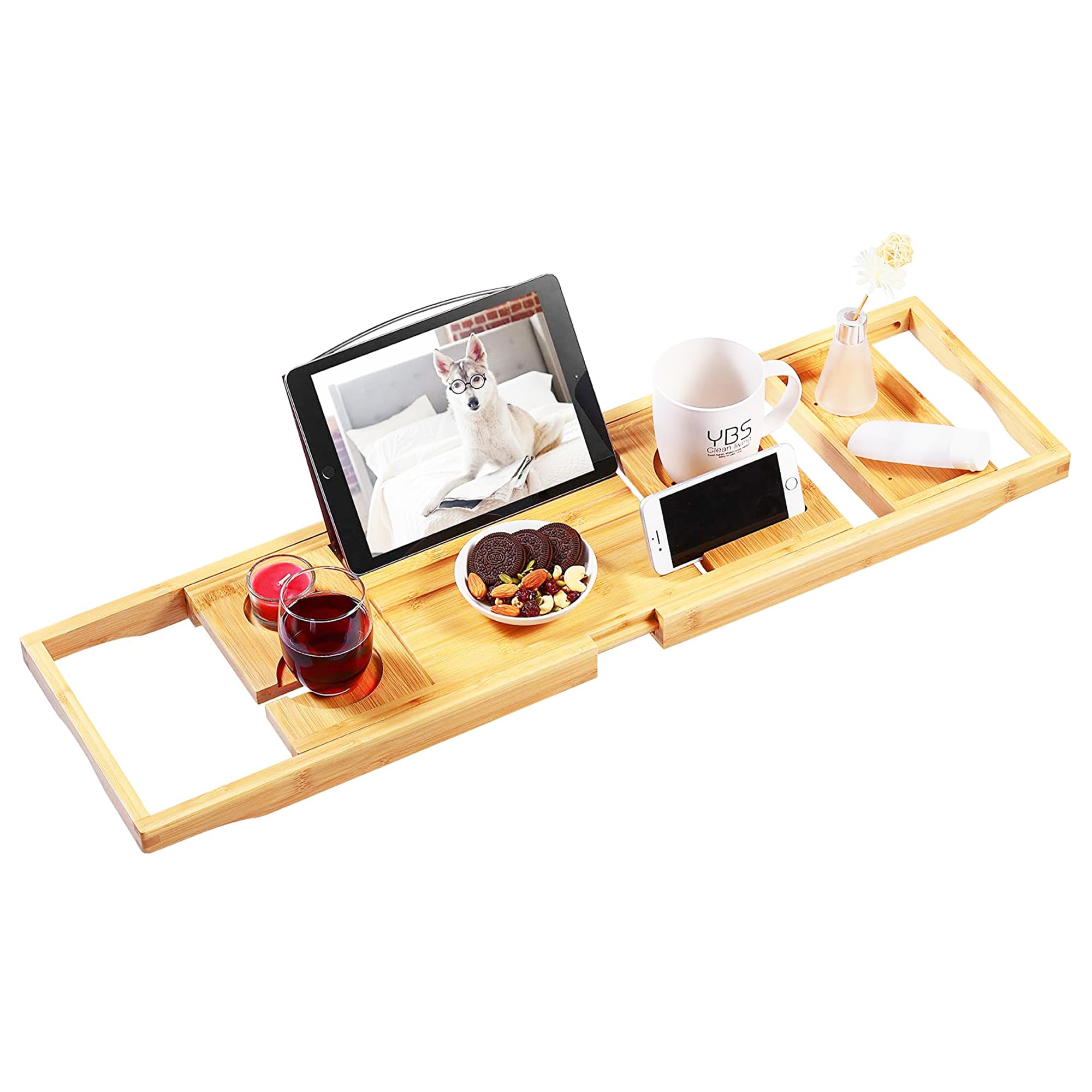 VaeFae bamboo bathtub tray front view showing full layout and organized benefits